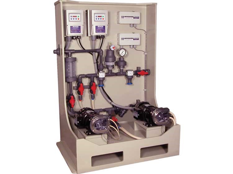 Liquid solutions are introduced to water systems through a controlled pump system